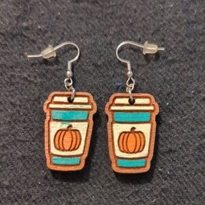 Wooden Pumpkin Coffee Cup Laser Cut Lightweight Dangle Statement Earrings